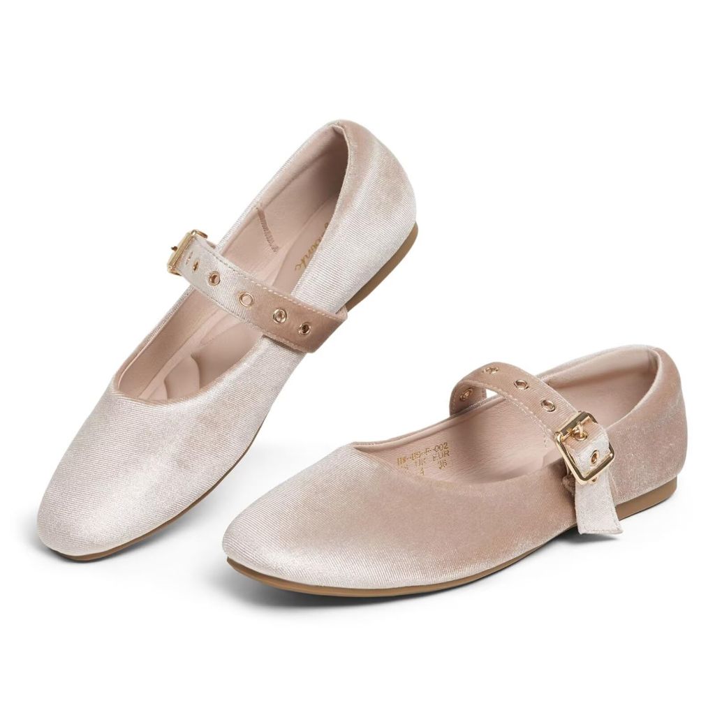 Hingswink Apricot Mary Jane Shoes Women Ballet Flats with Strap Buckle Closed Toe MaryJanes Shoes Ballerina Flats for Women Dressy Comfortable, VelvetApricot6