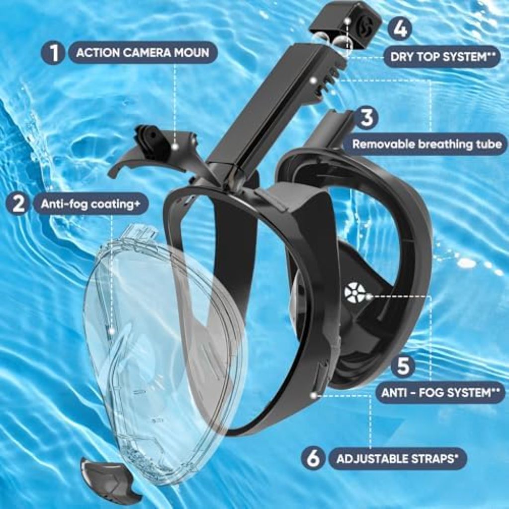 Adult Full Face Snorkel Mask with 180° Anti-Fog HD View and Detachable Camera Mount - Black, L/XL