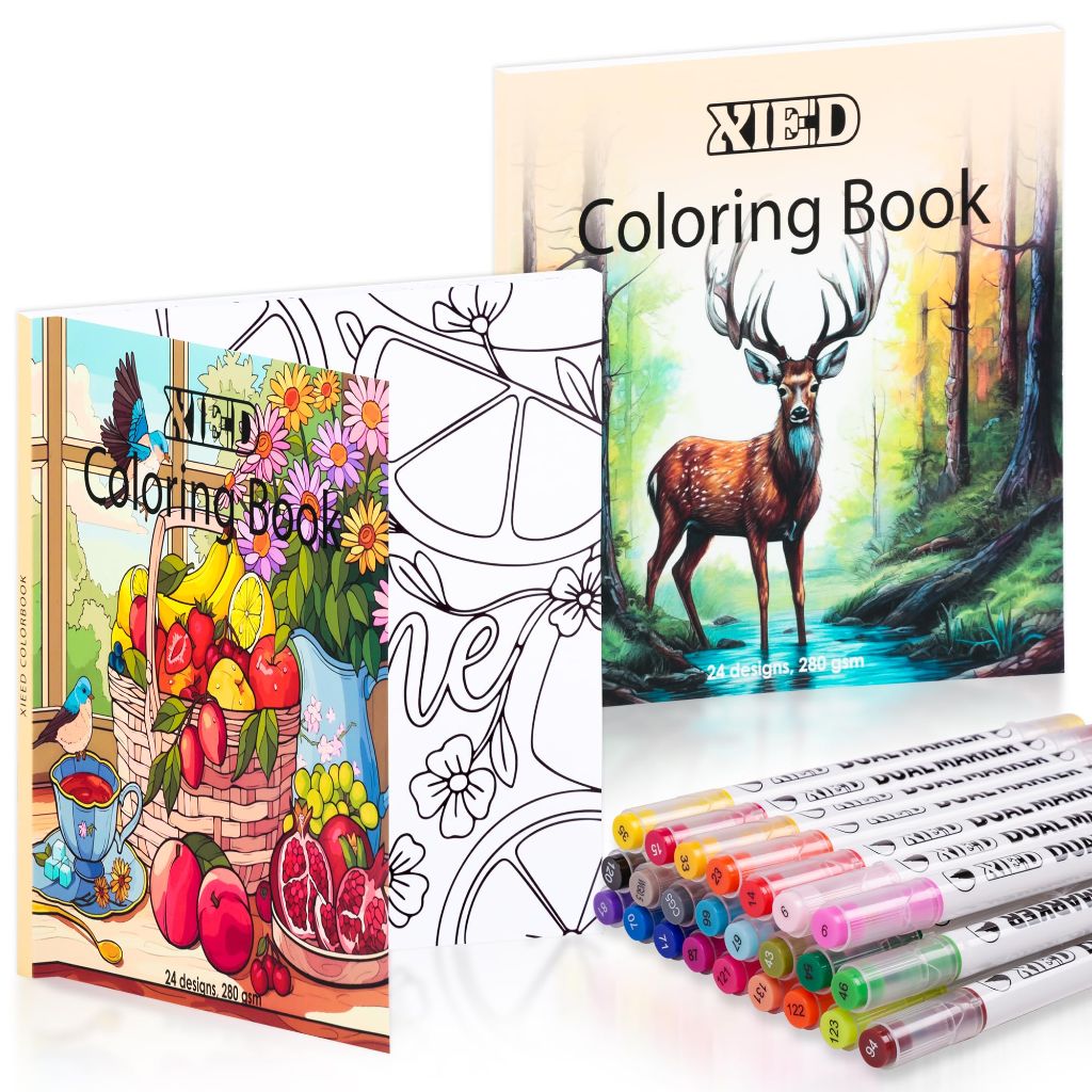 XIEED 24 Colors Alcohol Markers & 2 Pack Coloring Book Set