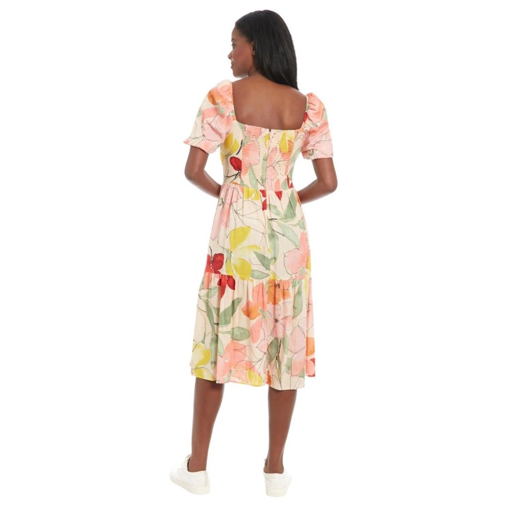 London Times Women's Floral-Print Square-Neck Puff MIDI Dress - Orange, Coral
