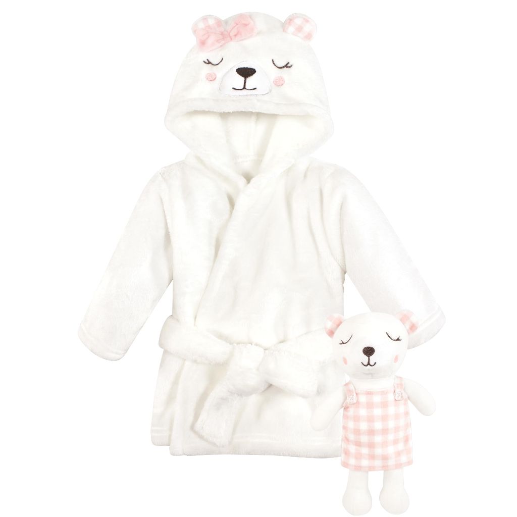 Hudson Baby Unisex Baby Plush Bathrobe and Toy Set, Gingham Bear Girl, 0-9 Months