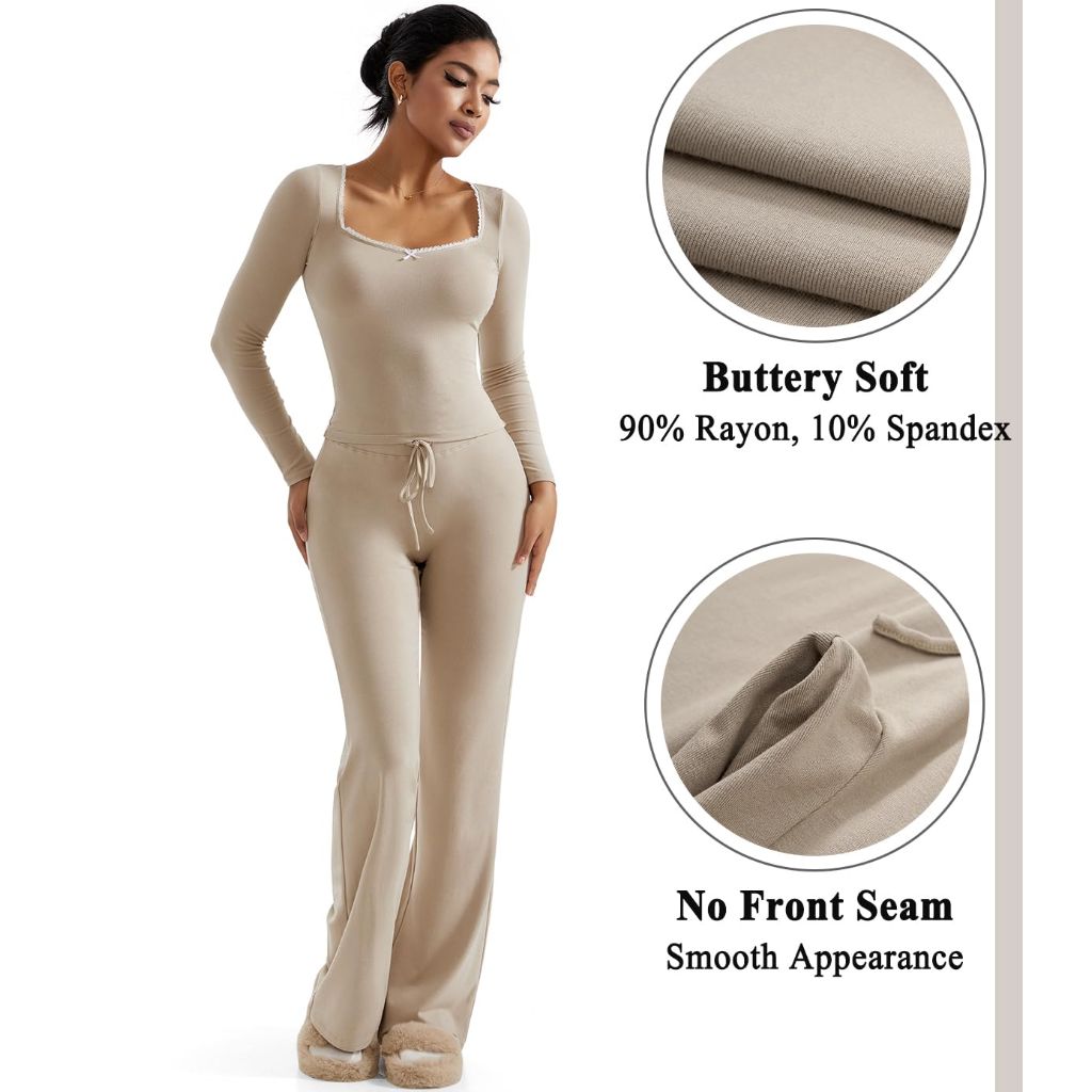 OMKAGI Womens Lounge Set 2 Piece Outfits (L,212-Khaki)