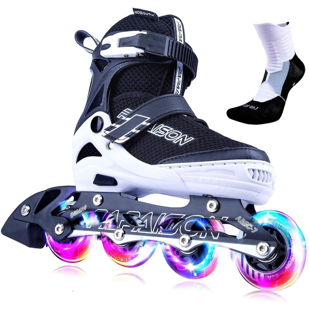 Papaison Adult's Adjustable Inline Skates with Full Light Up Wheels - Black/White, Size XL
