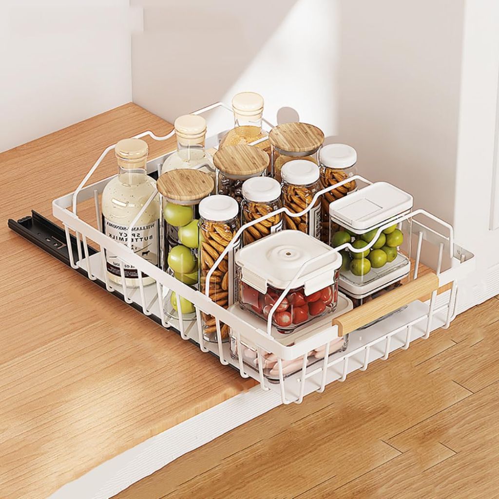 Curtainboro Pull Out Cabinet Organizer, Multifunctional Sliding Mesh Cabinet Basket, No Drill Pull Out Shelf Storage Drawer for Kitchen Bathroom Home Pantry