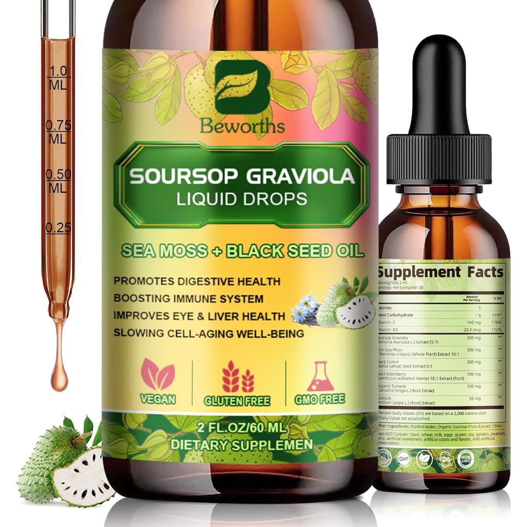 Soursop Graviola Bitters Liquid Drops with Irish Sea Moss, Black Seed Oil, Soursop Graviola Leaves Extract, 2 fl. oz.