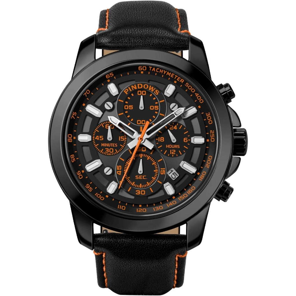 PINDOWS Men's Analog Quartz Chronograph Watch - Black Dial, Brown Leather Strap