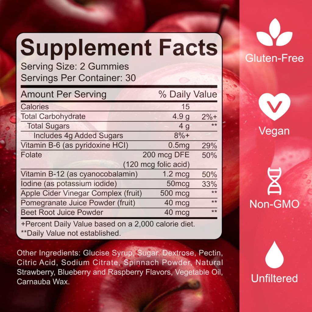 YESMIX Adult Apple Cider Vinegar Gummies - with Vitamin B12 - (60 Count）