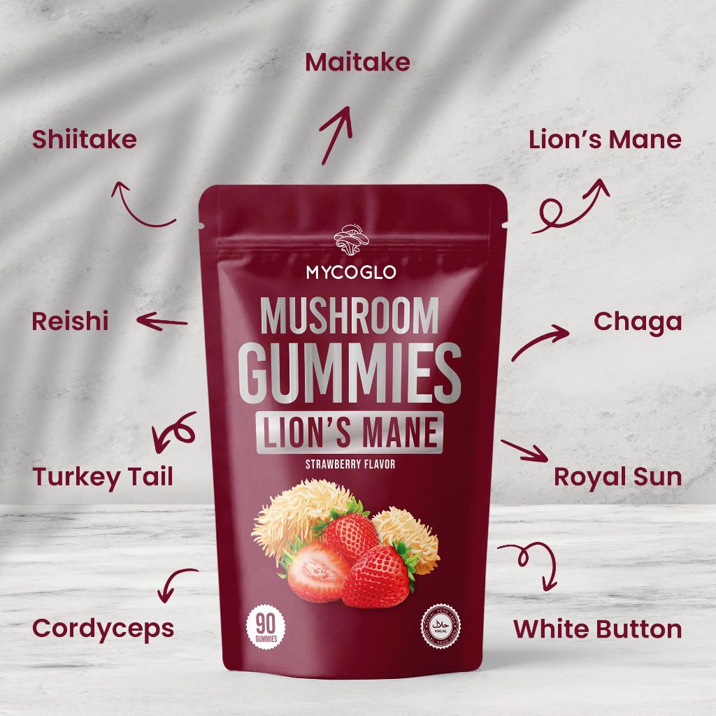 MYCOGLO 10-in-1 Mushroom Gummies for Focus & Energy | Strawberry Flavor Gluten-Free (90 Count)