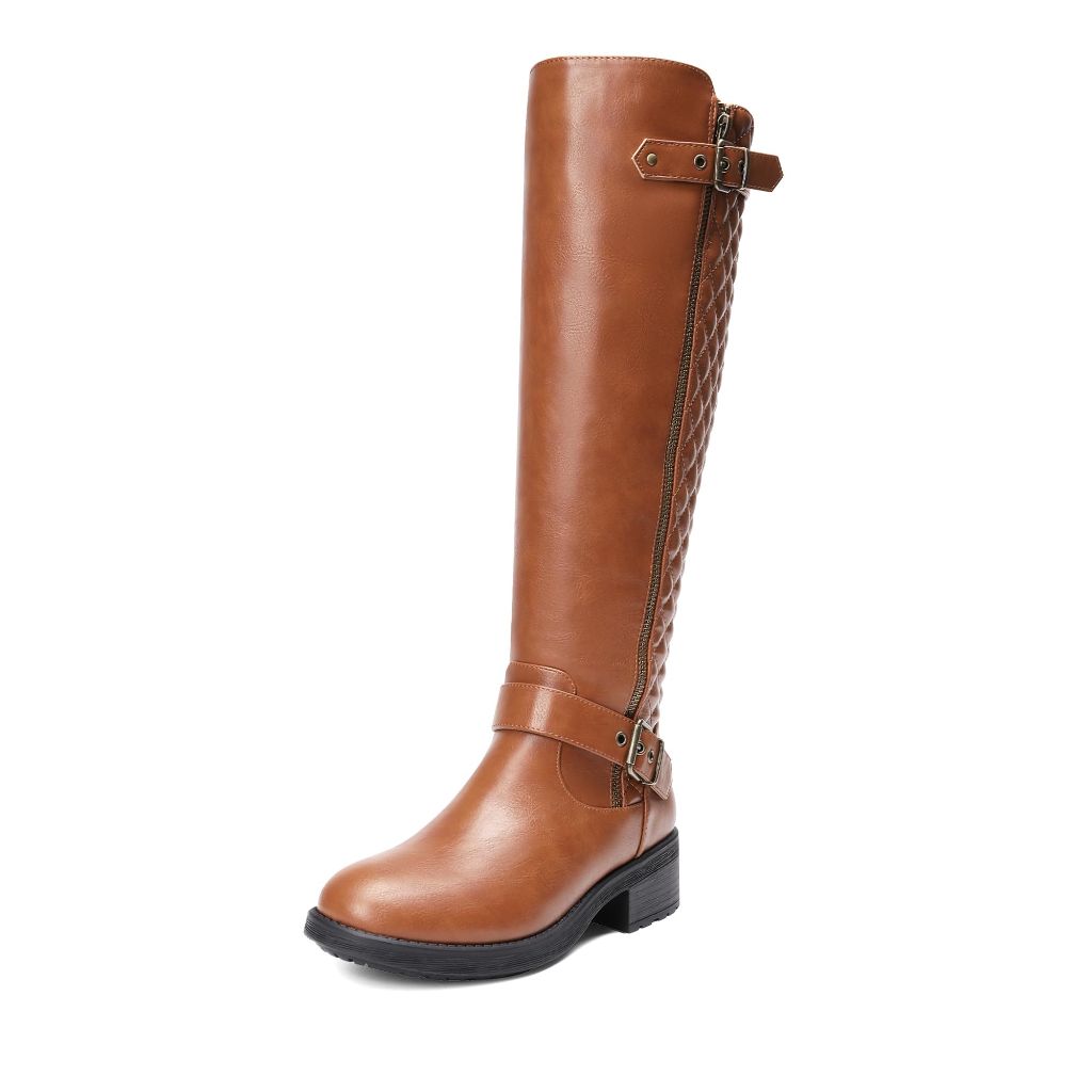 SZ 7, DREAM PAIRS Women's Knee-High Boots Heel Round Toe Side Zipper | Light Brown