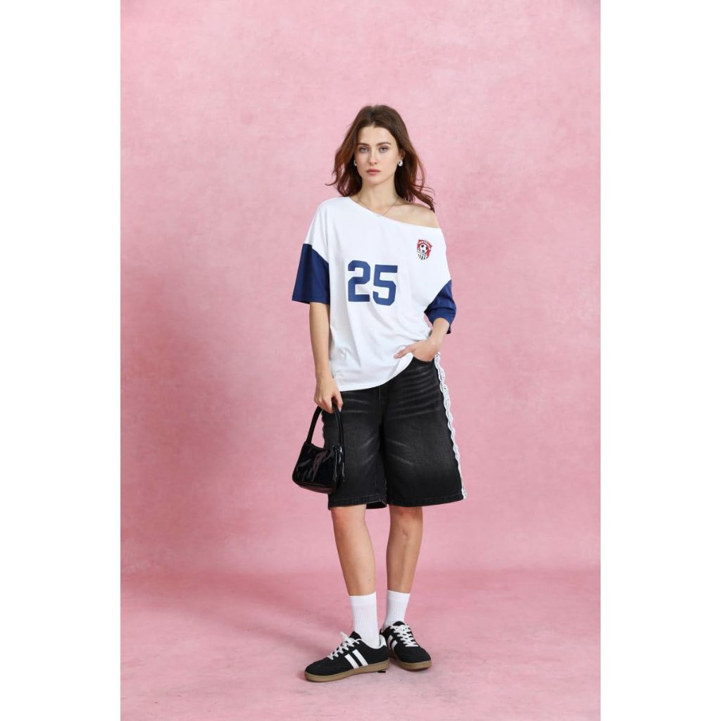 SOLY HUX Women's Y2k Oversized Graphic Tees, Off The Shoulder, Half Sleeve, White, Small