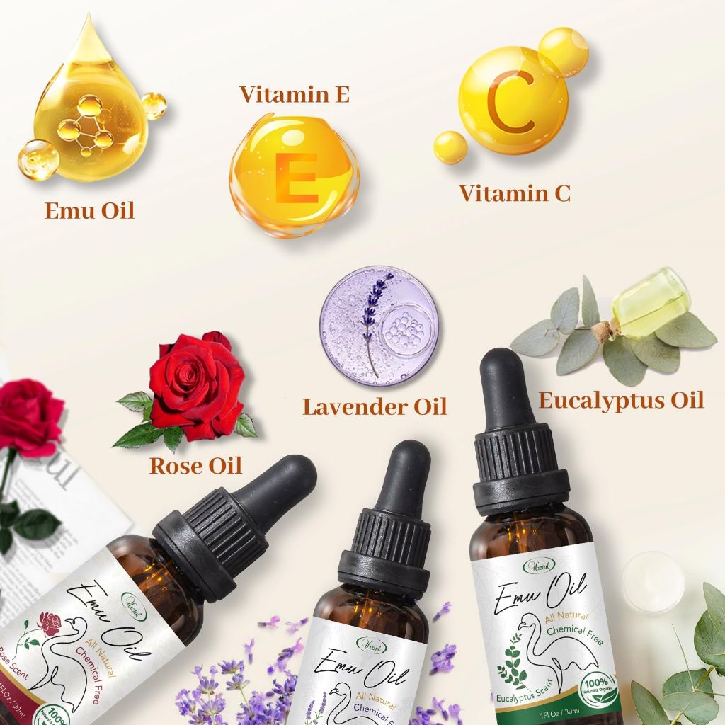 URZTUL Emu Oil, 3 PCS Soothing Rose, Nourishing Lavender, Refreshing Eucalyptus for Skin