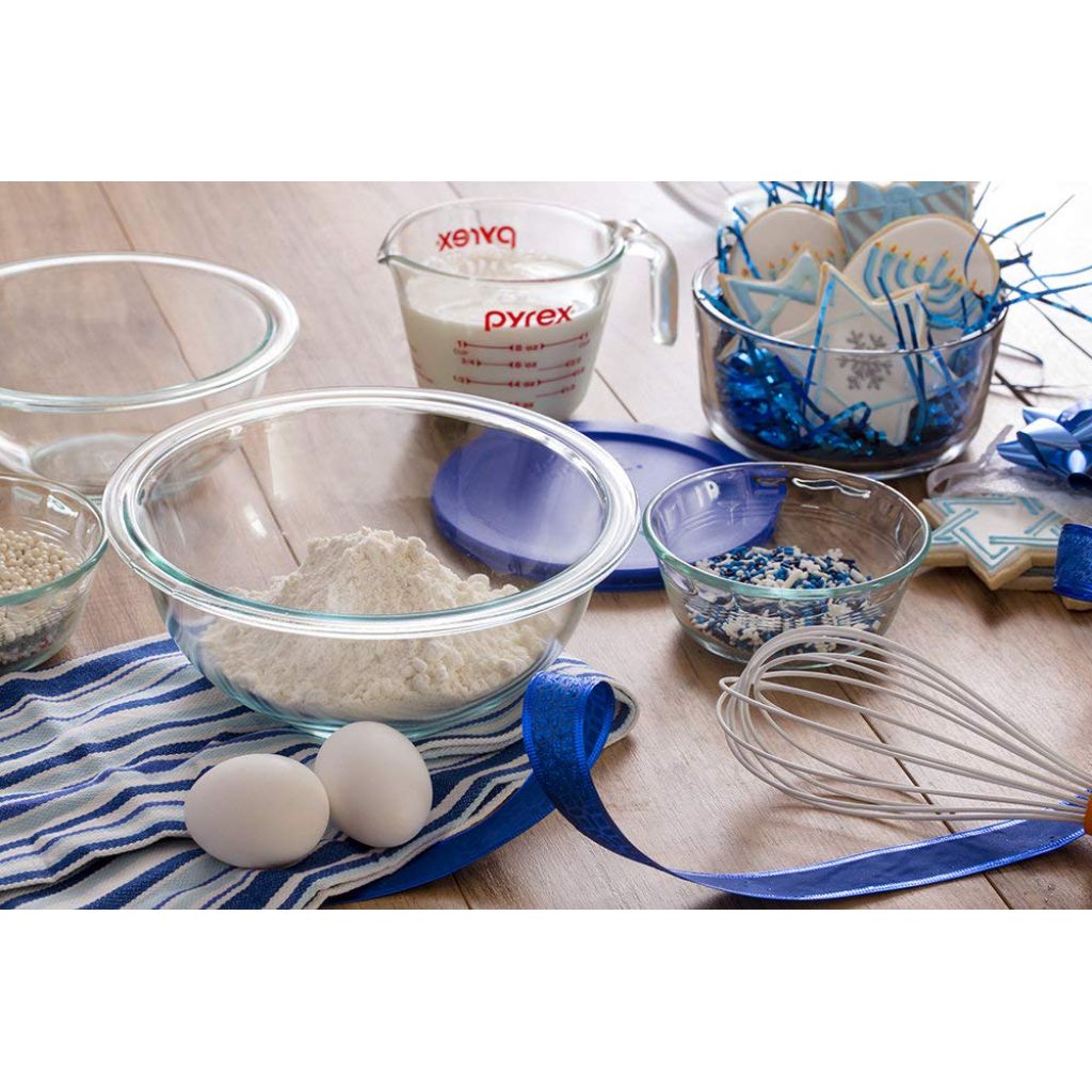 Pyrex Mixing Bowl Set: 322 1qt, 323 1.5qt, 325 2.5qt, 326 4qt Glass Bowls with 322-PC Green, 323-PC Orange, 325-PC Cadet Blue & 326-PC Red Lids - Made in USA