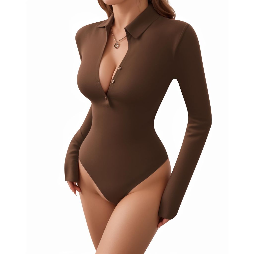 MANGOPOP Henley Bodysuit for Women Button Down Long Sleeve Tops Body Suits Dressy Blouse Casual, Coffee, X-Large