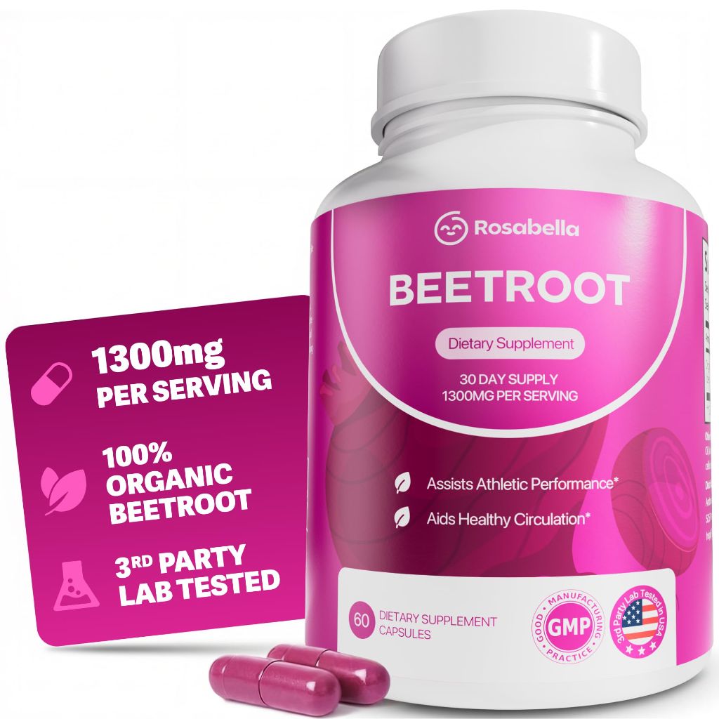 Rosabella Organic Beet Root Capsules - 1300mg Beet Root Powder Aids Healthy Circulation & Vitality, - 60 Capsules, 30-Day Supply