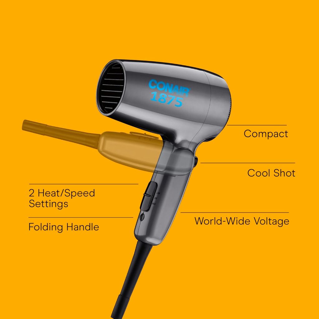 Conair Compact Travel Dryer, Foldable, 1875W w/2 Heat Speeds - Gray