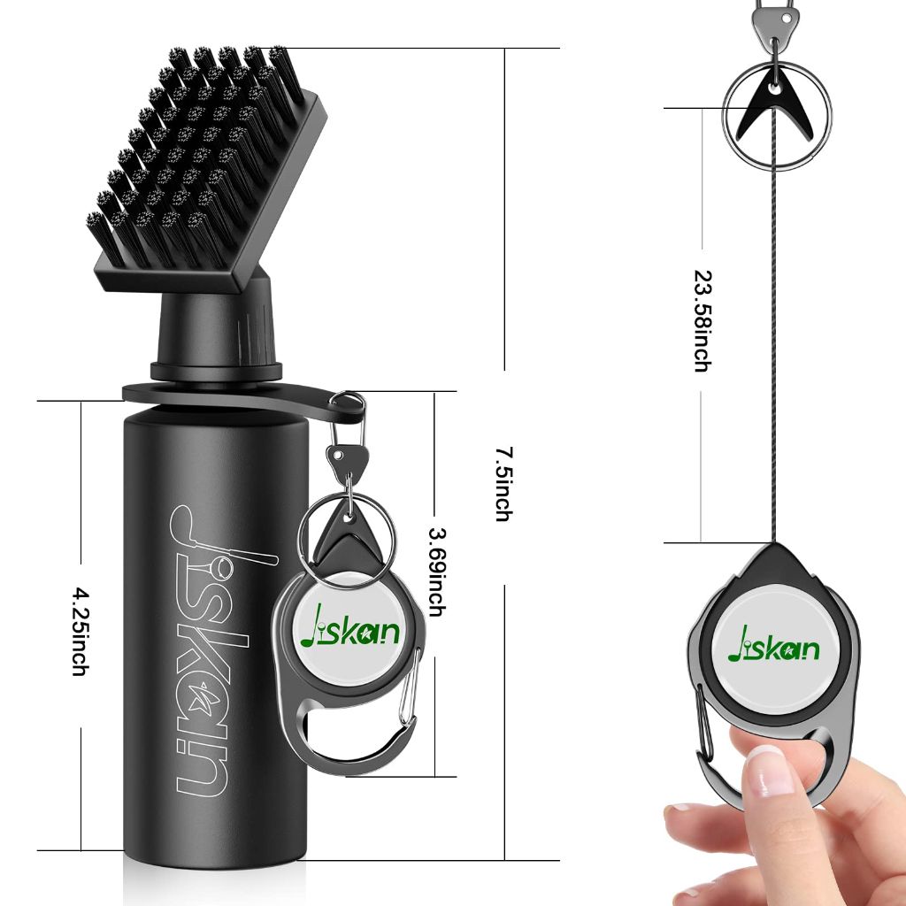 Jiskan Pro Golf Club Brush Cleaner with Retainer Clip and Squeeze Water Bottle 7.5 Inches Holds 4oz of Water