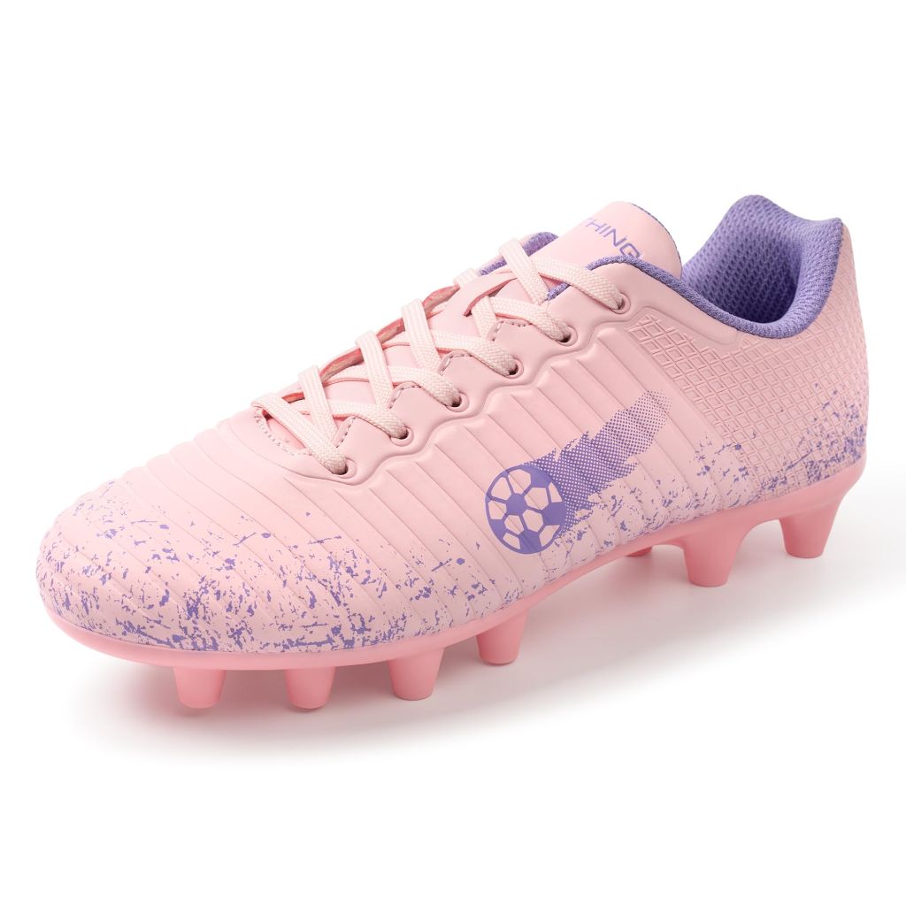 FEETHING Boys Girls Soccer Cleats Firm Ground Youth Football Cleats Pink,4 Big Kid