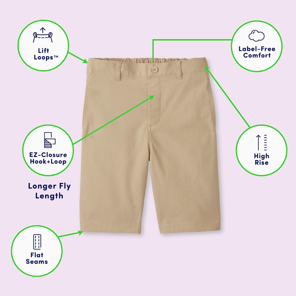 SZ 8, French Toast Boys Adaptive Flat Front Shorts with Hook and Loop Closure and Elastic Waist, Khaki