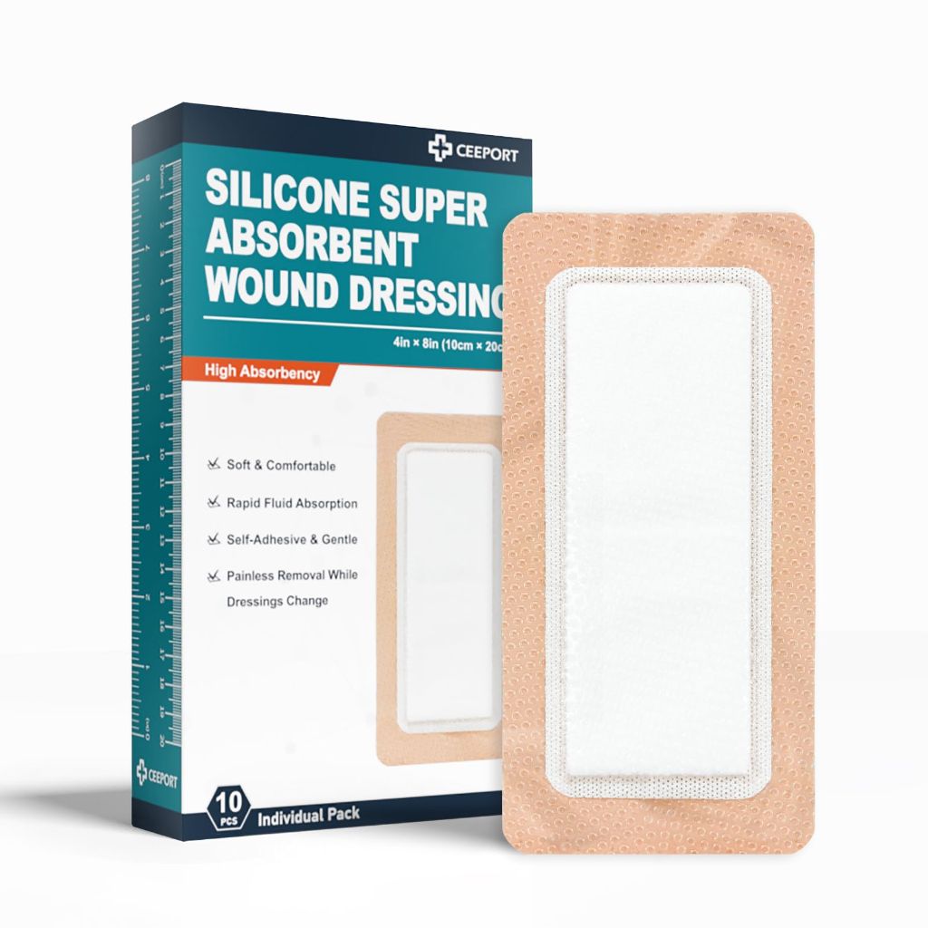 Ceeport Silicone Super Absorbent Wound Dressings 4" x 8" | 10 Pack, 2.35" × 6" core pad