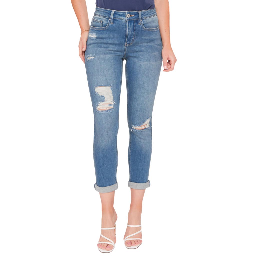 Royalty for Me Women's Vintage 5 Pocket Slim Straight Cuff Jean, M Medium Blue Rips, 08