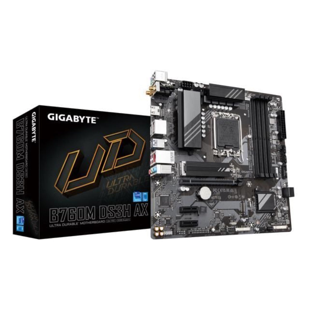 GIGABYTE B760M DS3H AX LGA 1700 Intel B760 M-ATX Motherboard with DDR5, 2* M.2, PCIe 4.0, USB 3.2 Gen 2 Type-C, WiFi 6E, 2.5GbE LAN, Q-Flash Plus,