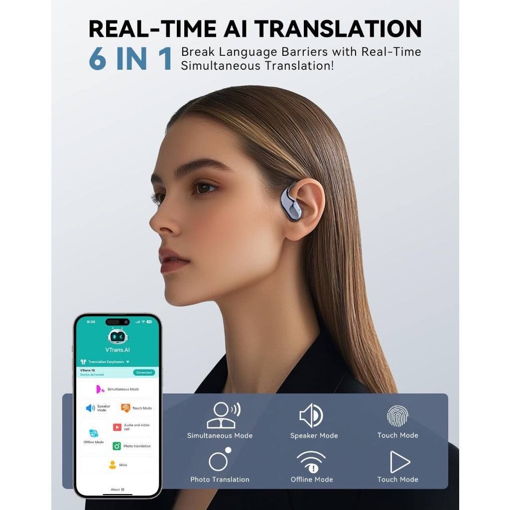 AI Language Translator 6-in-1 Earbuds, Real Time Translating with 150 Languages, 60h Playtime, 6 Modes, HD Sound