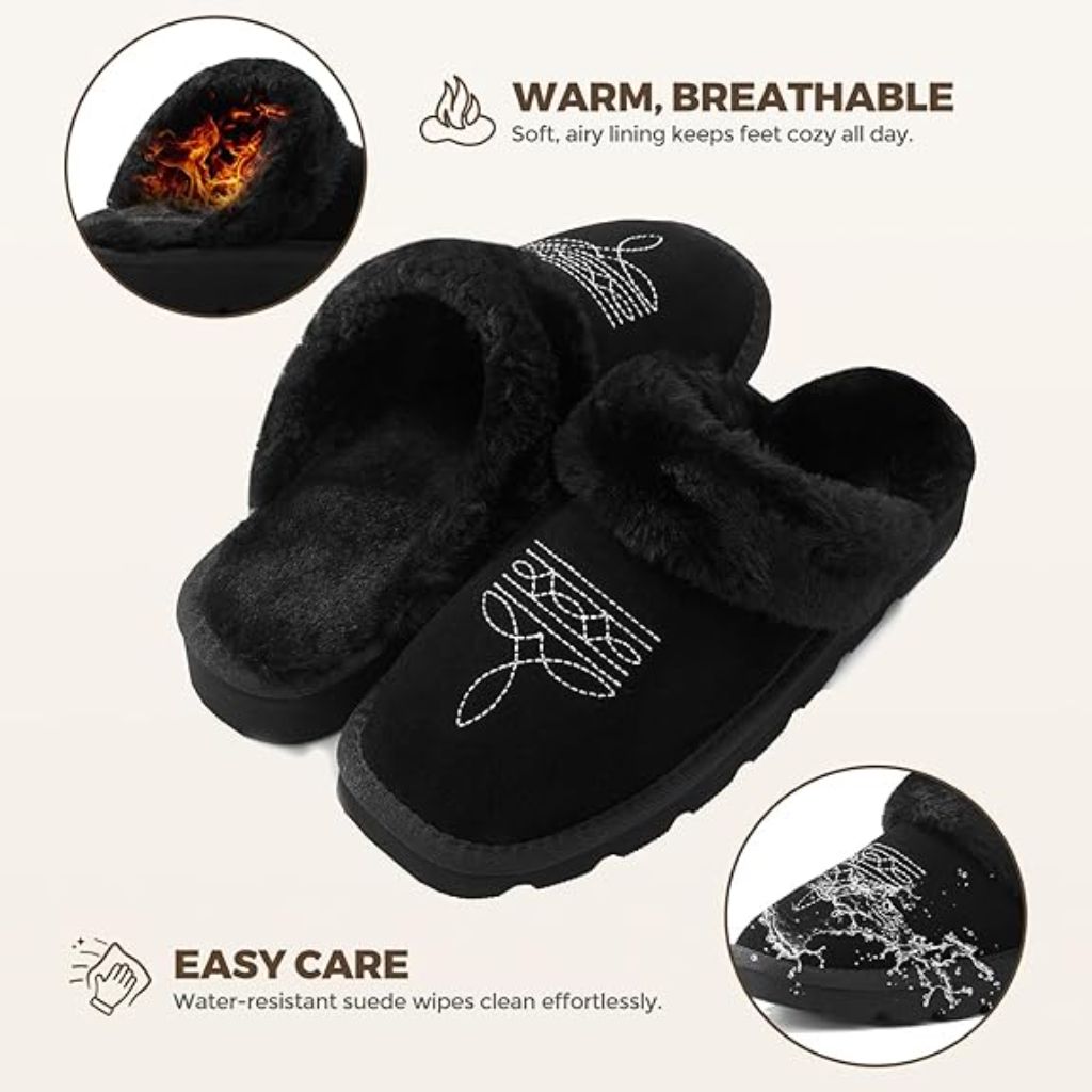 YOLIS Western Cowboy Boot Slippers, Fuzzy House Slippers for Women Memory Foam for Bedroom Indoor Outdoor - Size 10, Black