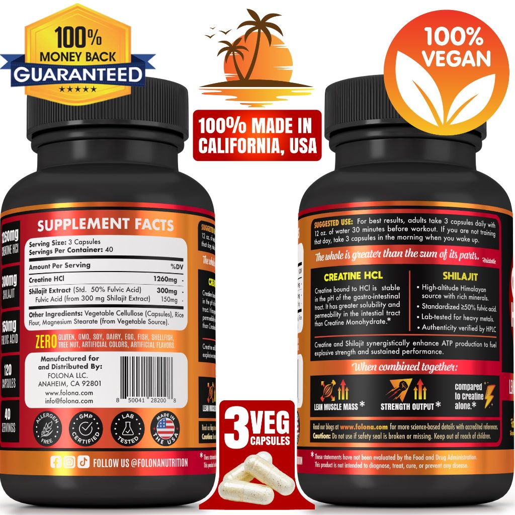Creatine HCL with Shilajit - Workout Supplement for Adults - 120 Caps