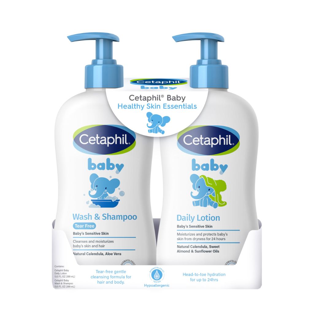 Cetaphil Baby Wash & Shampoo Plus Body Lotion, Healthy Skin Essentials, up to 24 Hours2-Pack,White
