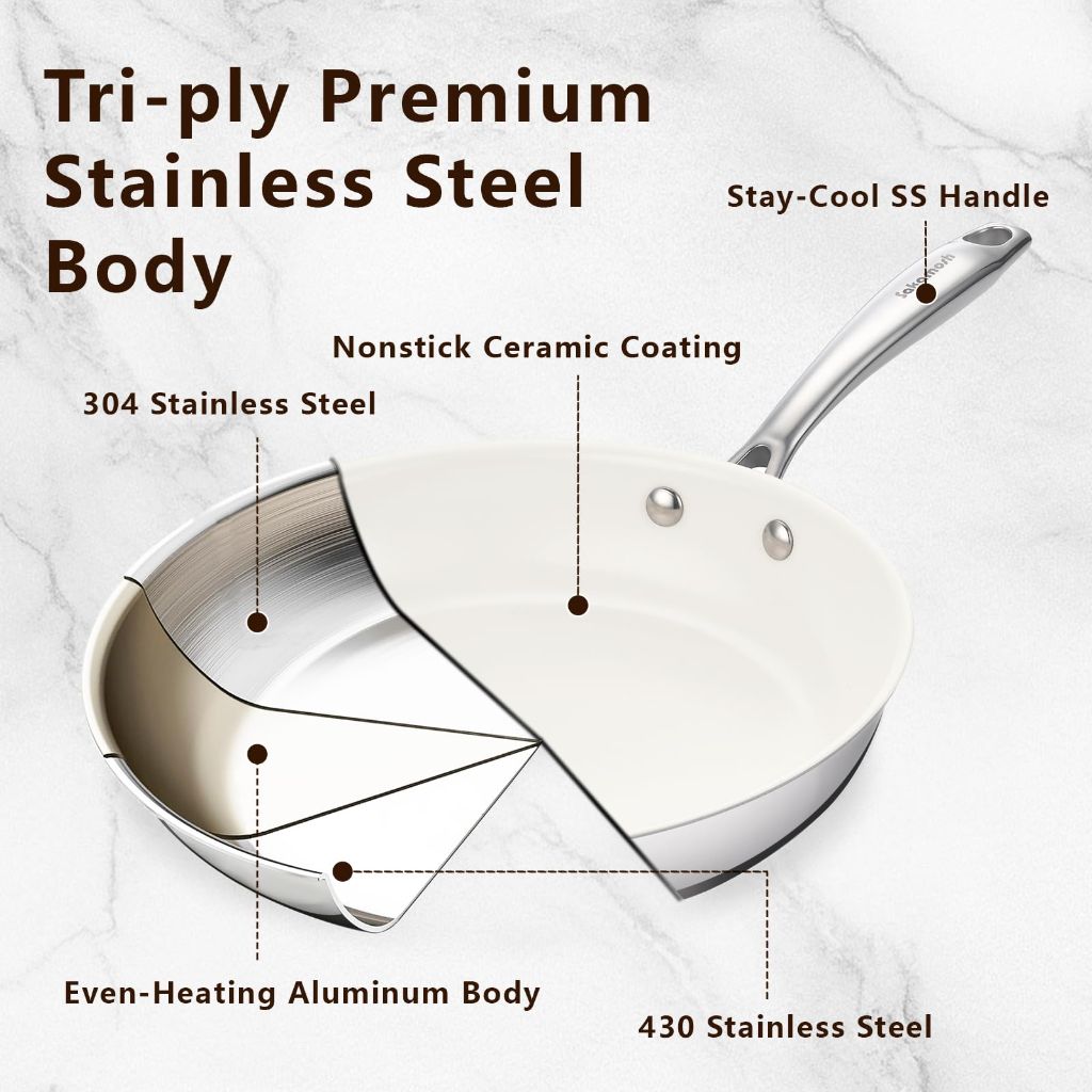 Sakamosh Nonstick Ceramic Frying Pan, Tri-Ply Stainless Steel with Stay-Cool Handle - White, 9.5"