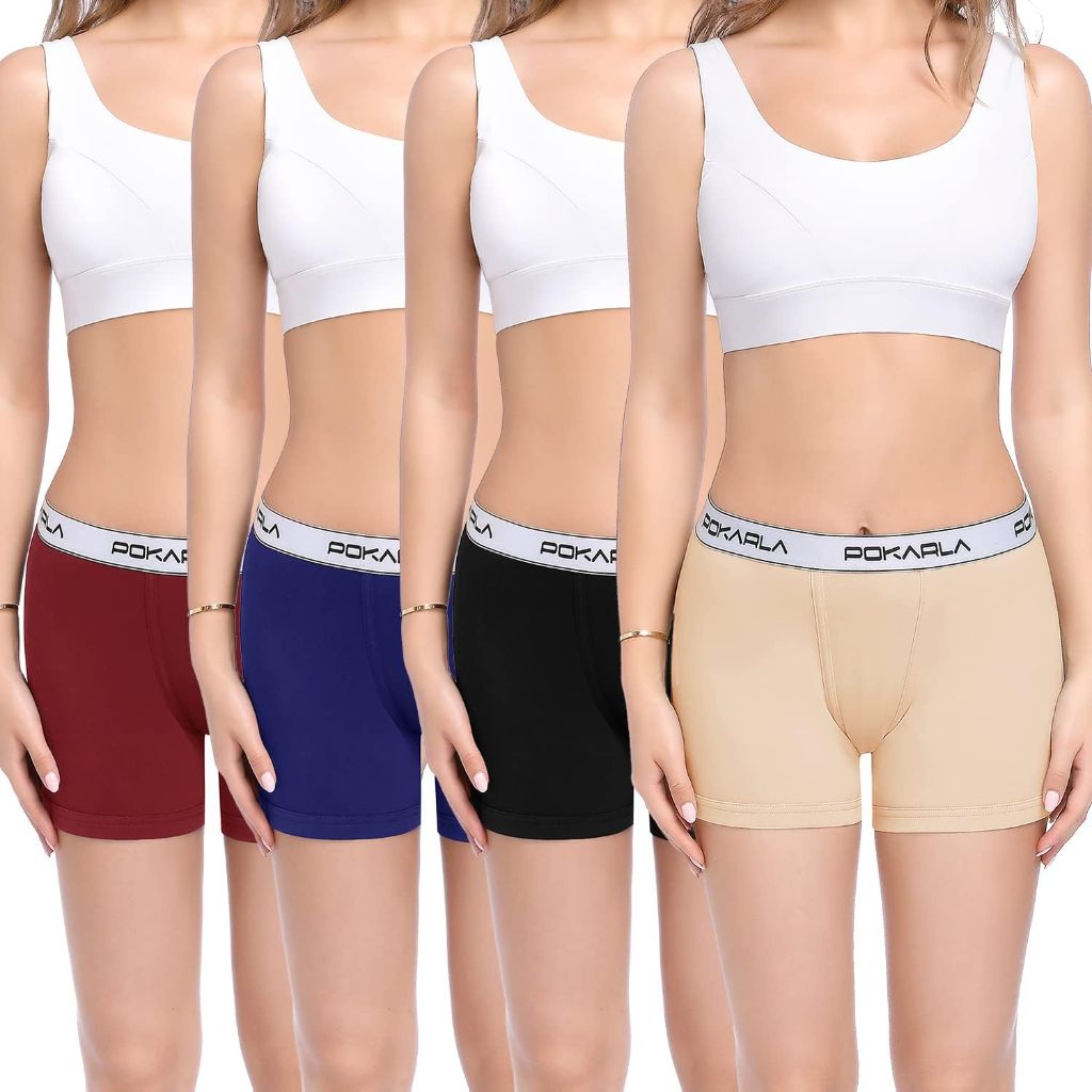 POKARLA 4.5" Inseam Womens Cotton Boxer Briefs Underwear Boy Shorts Panties 4 Pack(Regular & Plus Size)