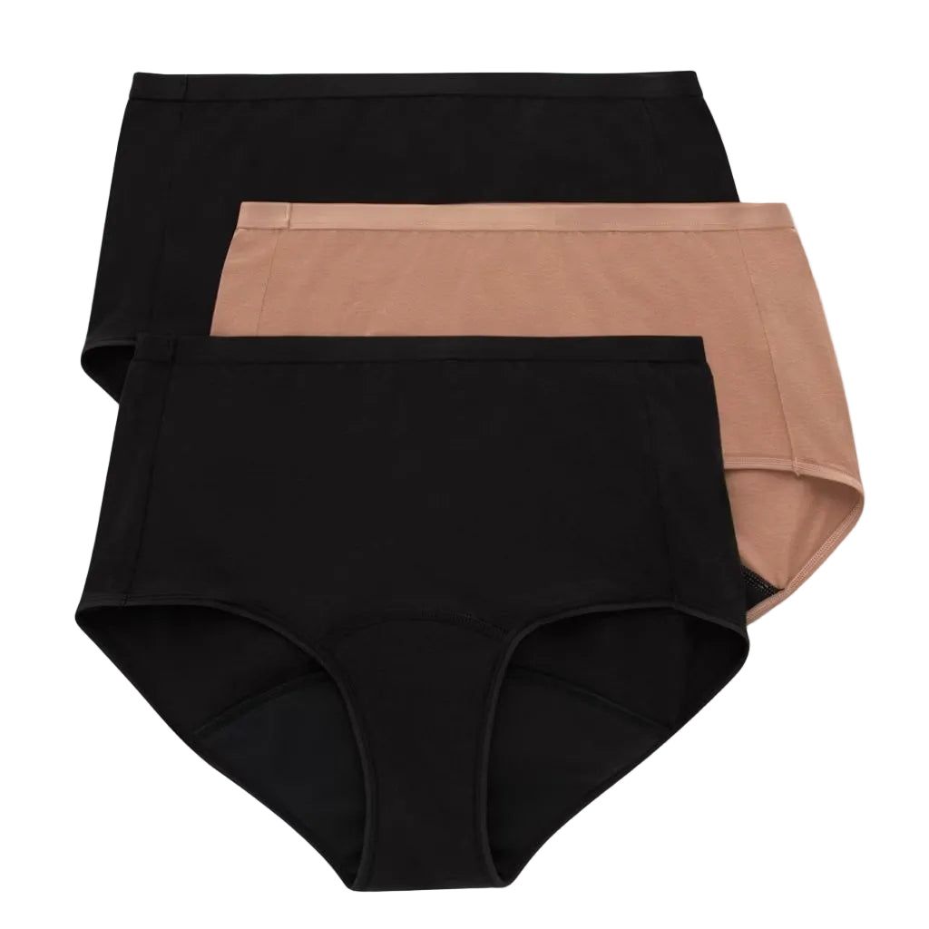 Hanes Women's 3pk Comfort Period Briefs, Super Leaks - Black XXL: Moisture Wicking, Absorbent Center Panel, Knit Fabric