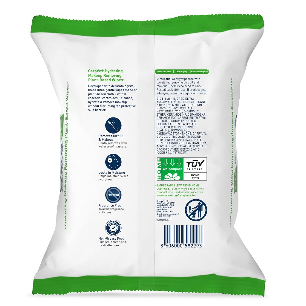 CeraVe Makeup Remover Wipes, Plant Based Face Wipes, 25ct