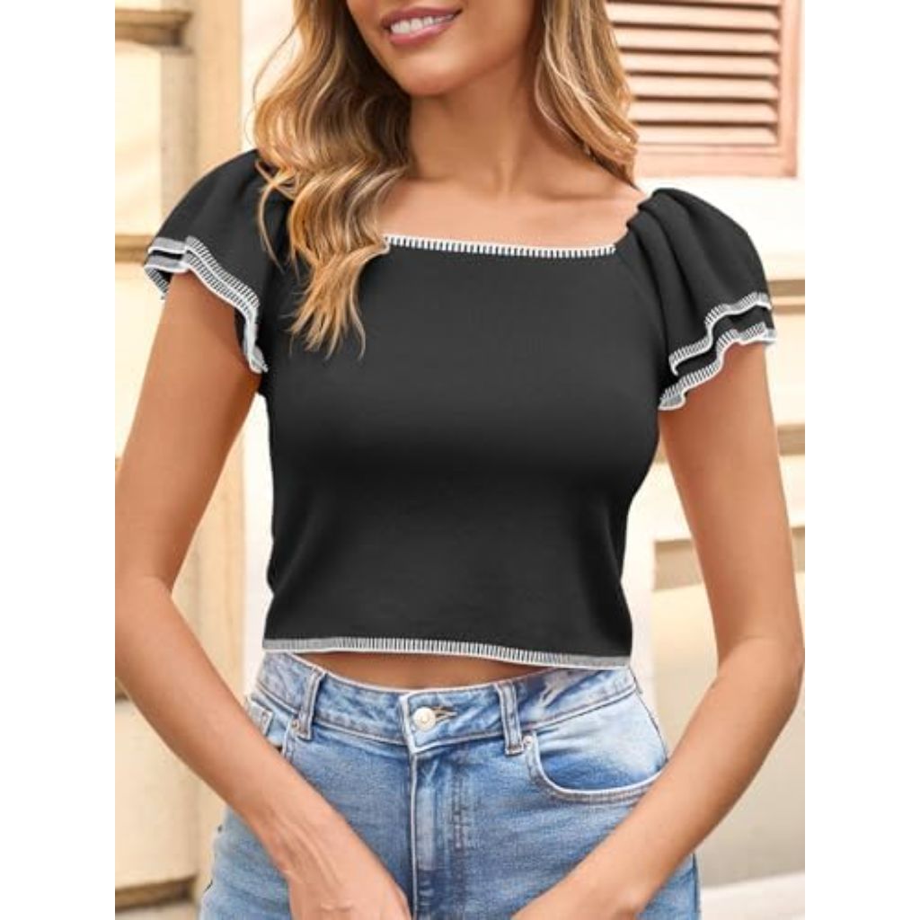 Saodimallsu Women's Square Neck Ruffle Short Sleeve Cropped Sweater