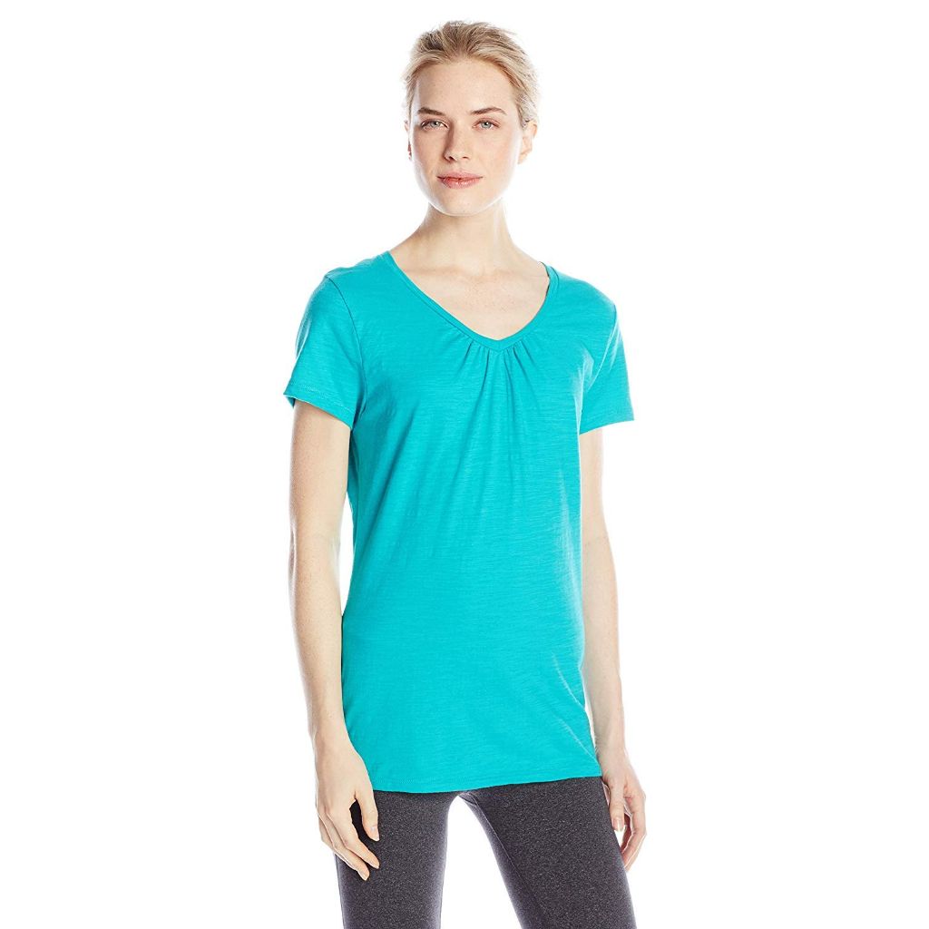 Hanes Women's Shirts, Slub Cotton Shirred V-Neck Tee, Eco Teal - size XL