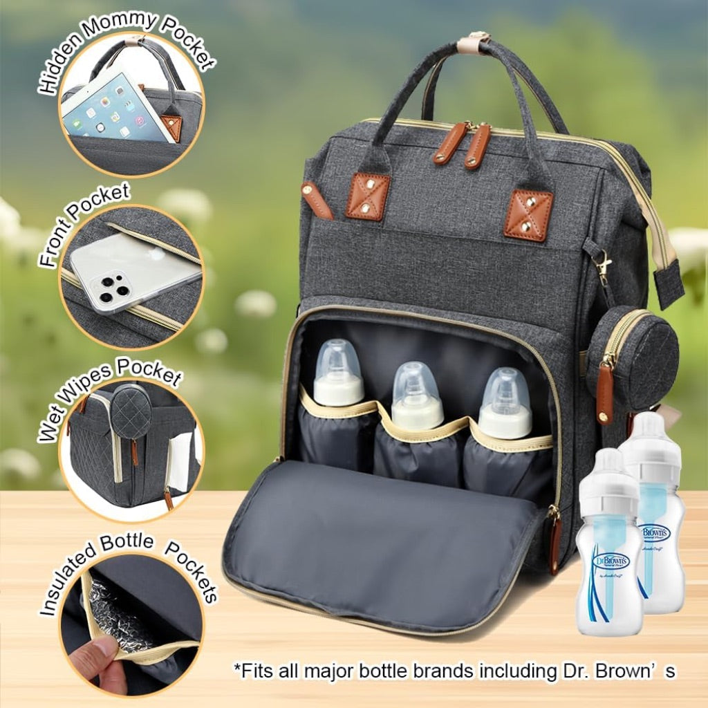 Multifunctional Diaper Bag Backpack, Large Capacity & Waterproof - Dark Gray