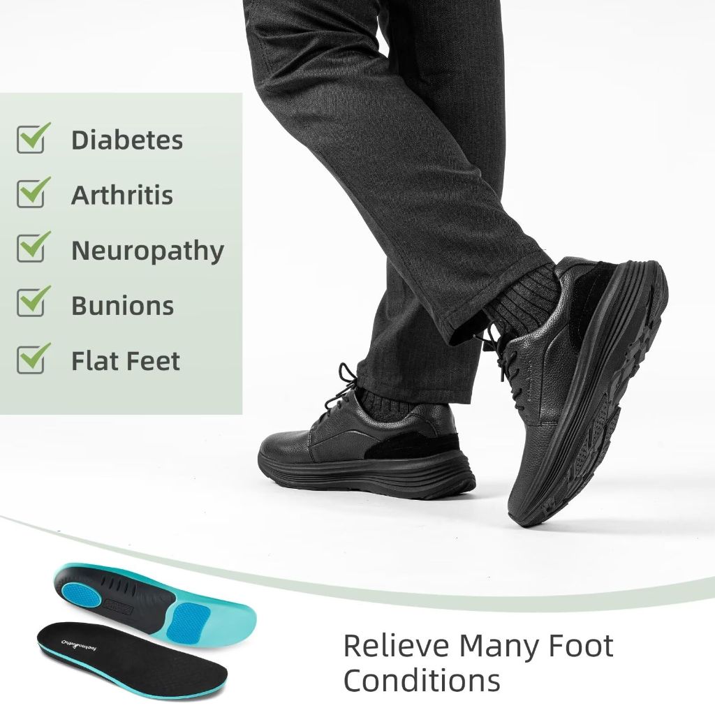 Men's Orthopedic Leather Dress Fashion Sneakers: Casual Plantar Fasciitis Walking Shoes, Pain Relief Black Size 9.5