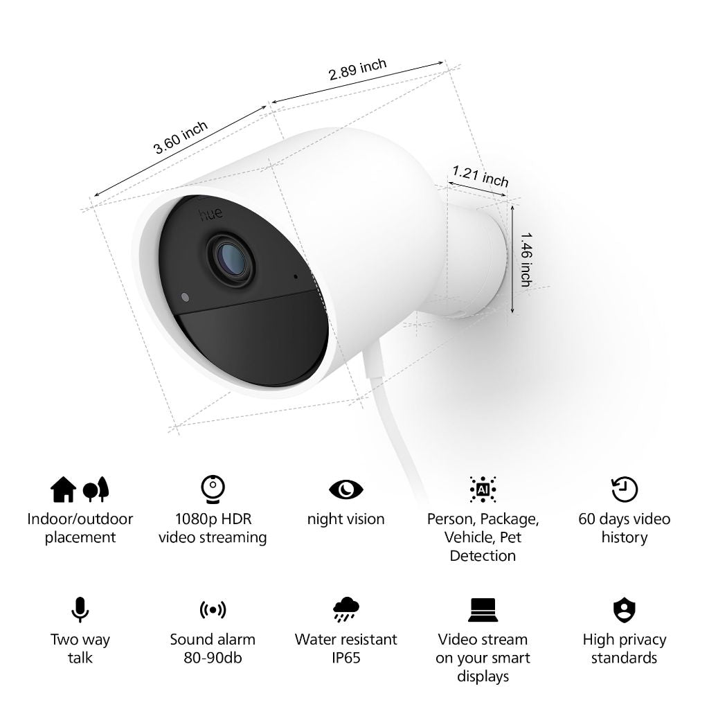 Philips Hue Secure Wired Camera-1Pk, 1080P Resolution, Indoor/Outdoor, White. Free 24-Hour Video History