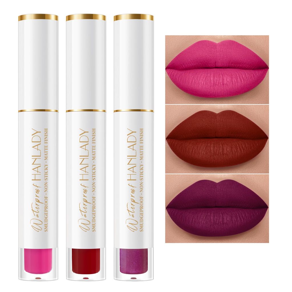 HANLADY Berry Pink Red Lipstick 3Pc Long Lasting Lipsticks, Pigmented Smudgeproof , A66/44/12