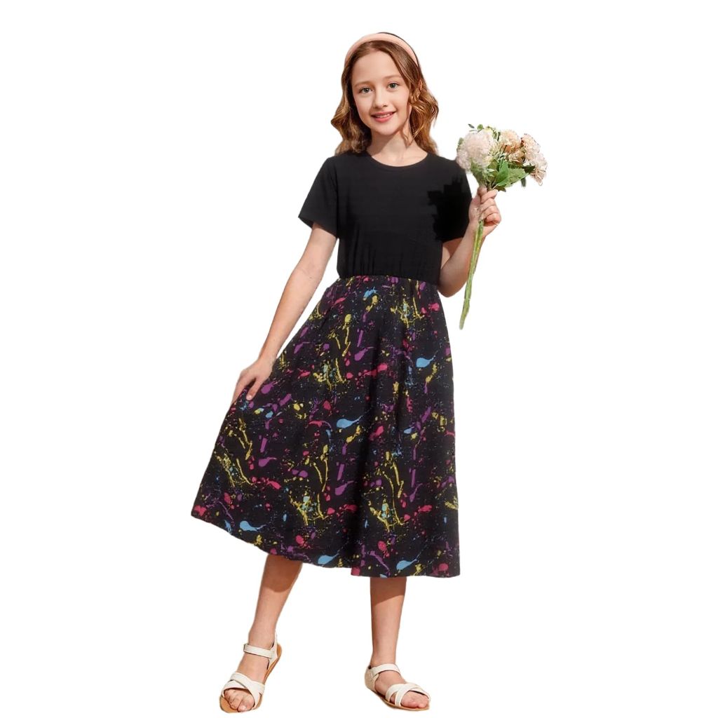 Seechoslo Girls Summer Dress, Short Sleeve Casual Midi A-Line Floral & Graphic Print Play Dress (US, Age, 9 Years, Black)
