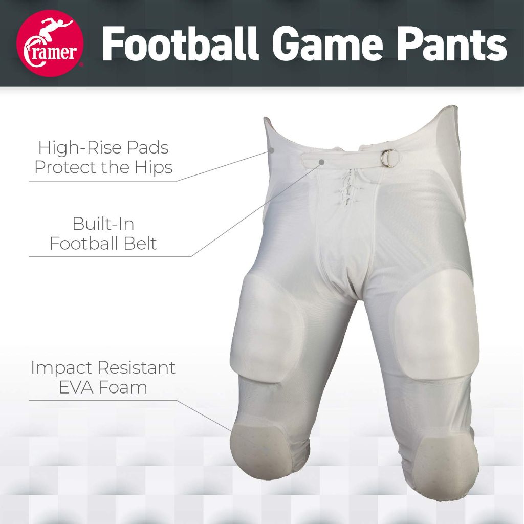 SZ SY Cramer Football Game Pants, 7 Pads with Hip, Tailbone, Thigh, and Knee Pads,  White