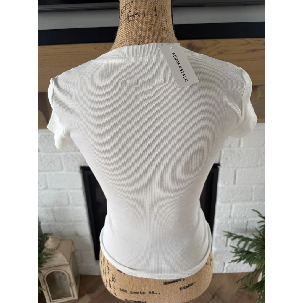 Aéropostale Women's Casual Tops, Cream with Blue Heart, XL