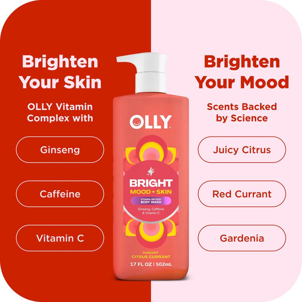 OLLY Bright Body Wash with Ginseng, Caffeine & Vitamin C–  Citrus Currant Scent | 17 oz