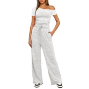 Darong Two Piece Sets for Women, Off The Shoulder Neck Top, Wide Leg Pants, White/Grey, M