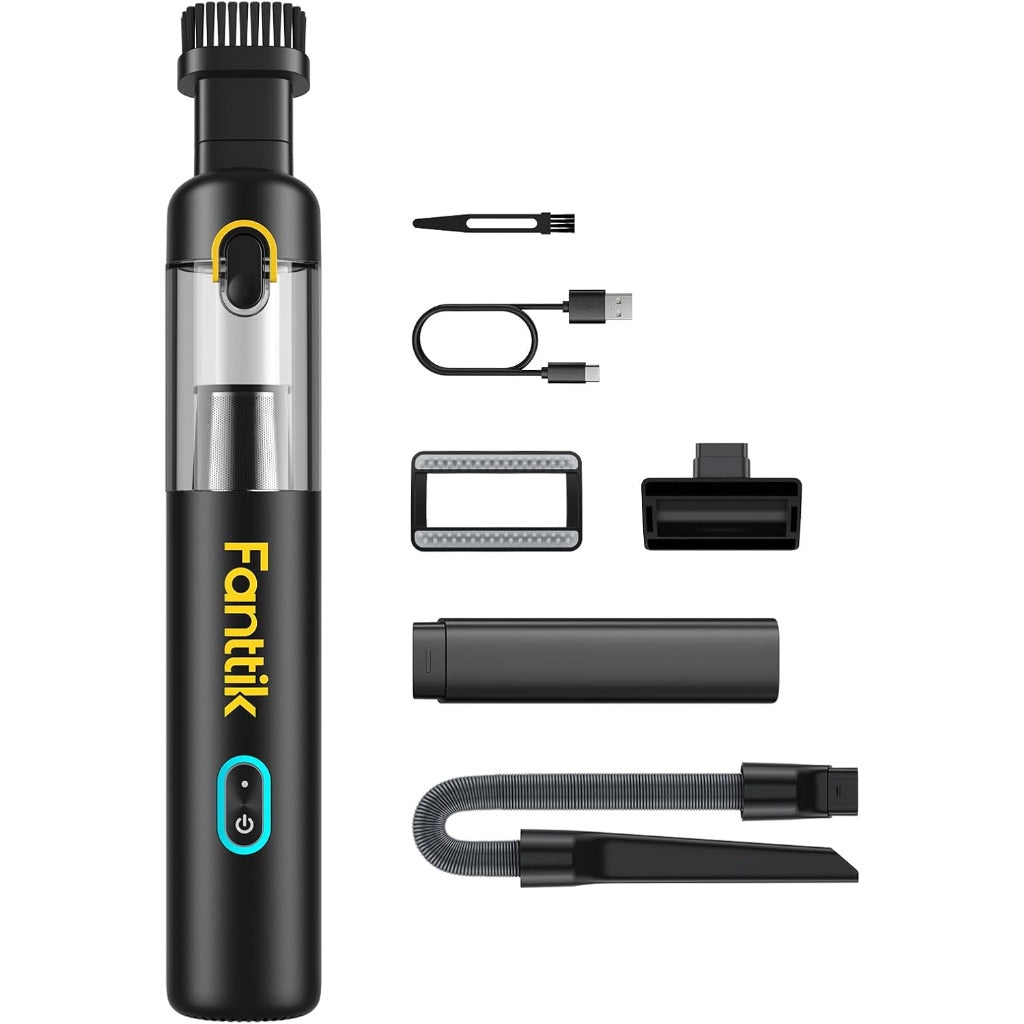 Fanttik Slim V8 Mate Cordless Car Vacuum Suction Power 12000Pa, Portable Mini Vacuum with Flexible Hose and Pet Brush, Type-C Charge, Portable for Car, Office Desk, Keyboards, Black
