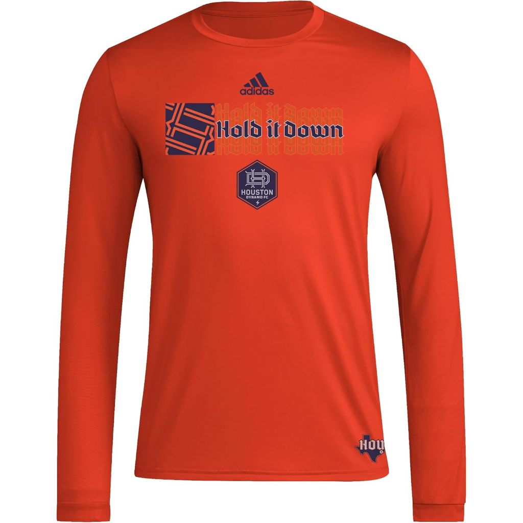 adidas Men's Houston Dynamo Local Stoic Long Sleeve Pre-Game T-Shirt - Orange, XL