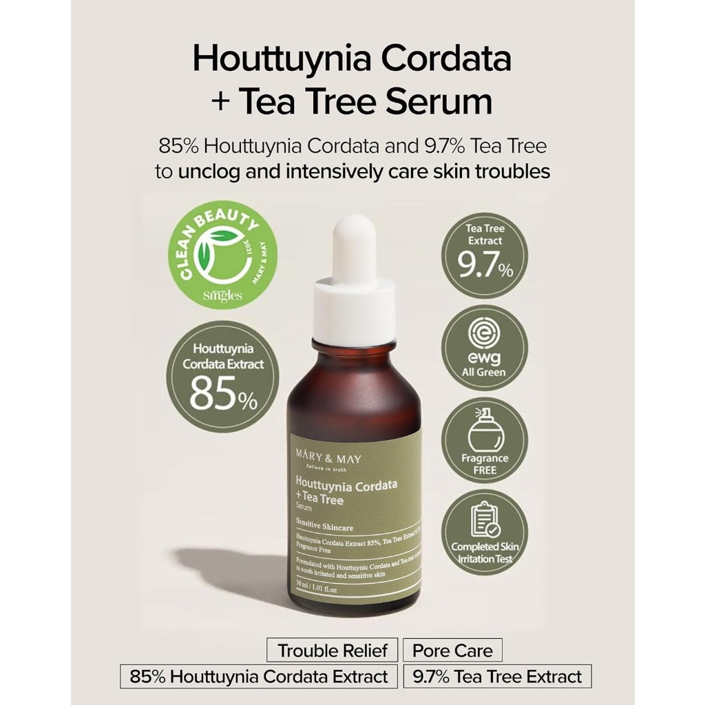Mary&May Houttuynia Cordata + Tea Tree Serum - Effective Pore Clearing and Acne Treatment Face Serum - Fragrance Free, 1.01 fl.oz.