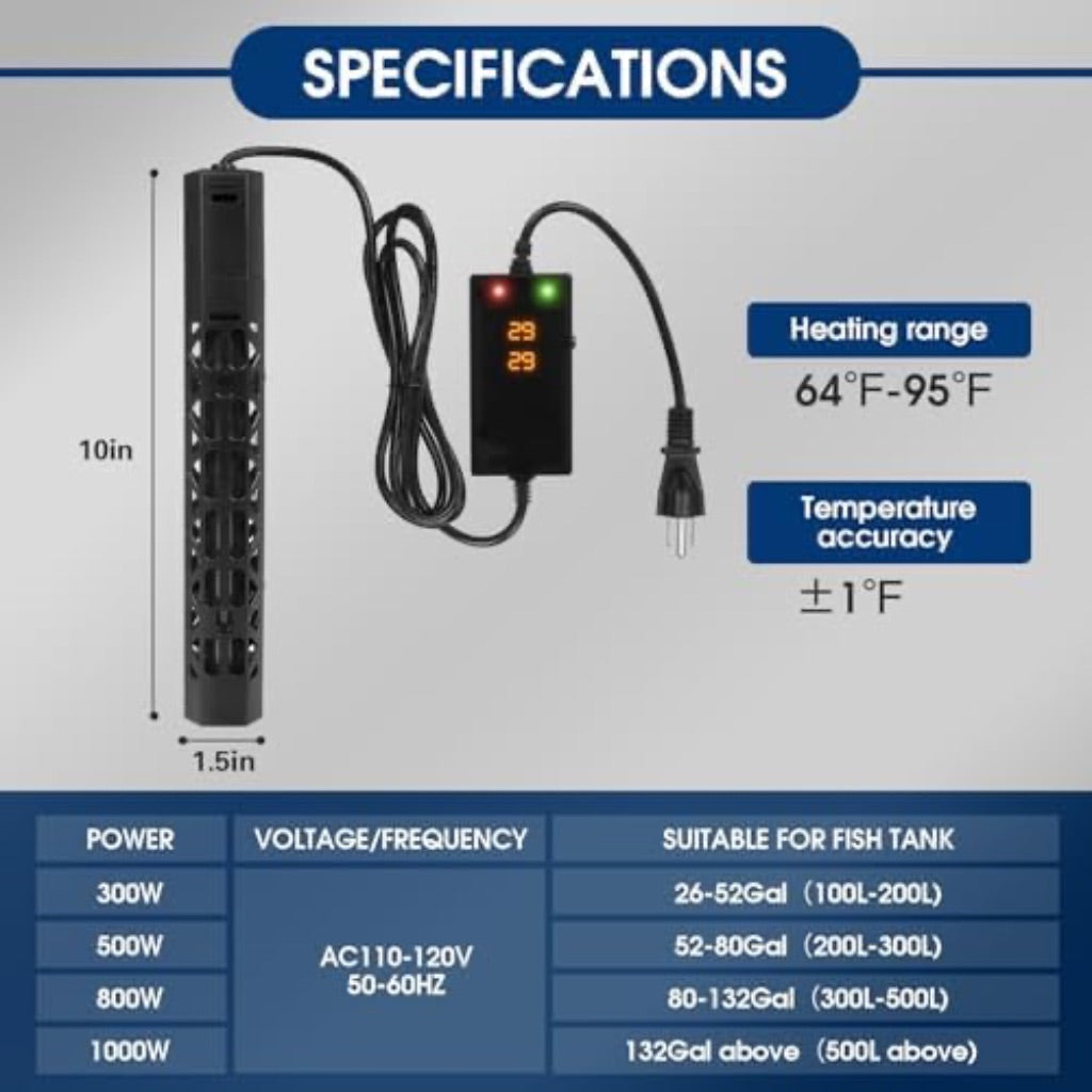 500W Submersible Aquarium Heater with Intelligent Frequency Conversion, Over-Temp Protection, and Auto Off