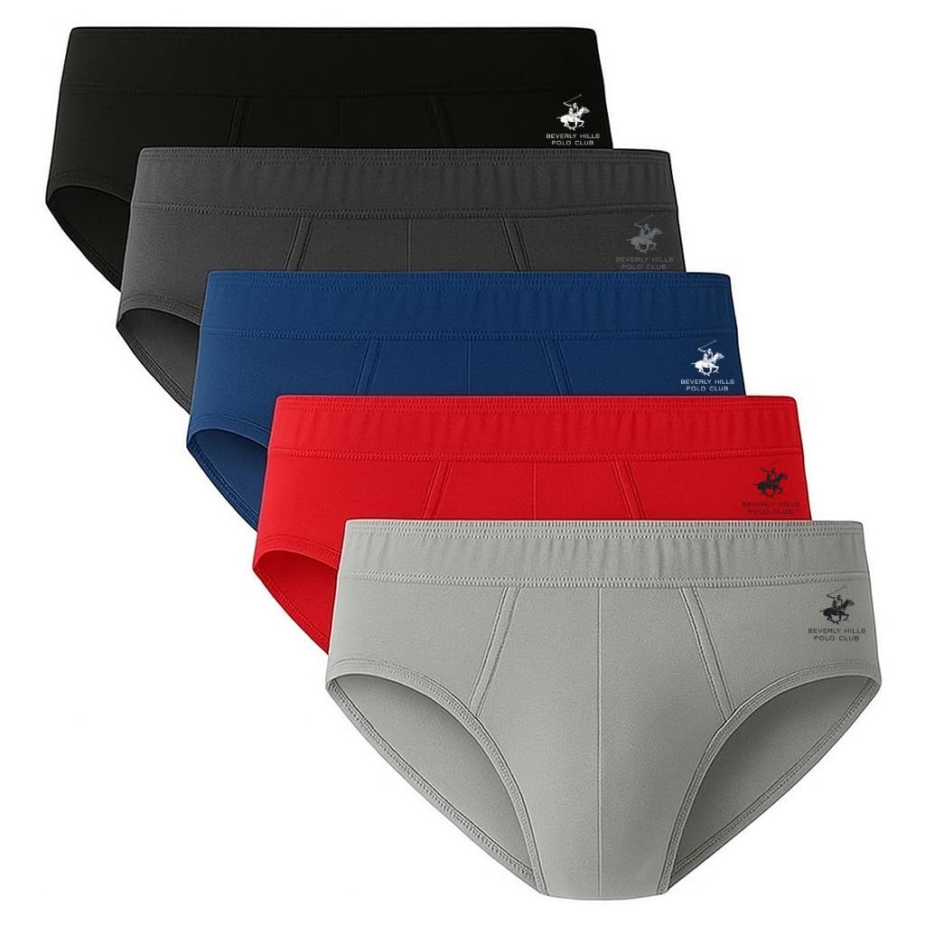 SZ L, Beverly Hills Polo Club Men's 5 Pack Low Rise Brief, Black/Charcoal/Grey Heather/Red/Blue