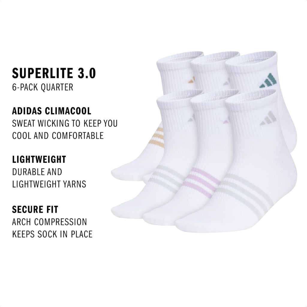SZ M, adidas Women's Superlite Quarter Ankle Socks - White, Medium (6 Pairs)